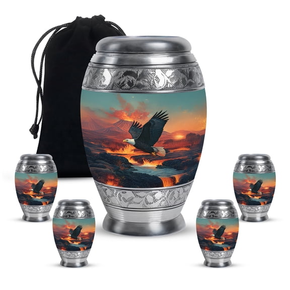MUKTIVE Eagle Burial Urns for Adult - 10 Inch Large Green Memorial Urns for Son - 3 Inch Mini Funeral Urn for Human Ashes - Cremation Urn for Grandfather & Grandmother (1 Large, 4 Keepsake)