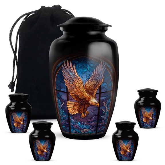 MUKTIVE Eagle Set Of 5 Urns for Ashes Adult Human - 10 Inch Large Funeral Urn for Ashes Adult Male & Female - Handcrafted Burial Urns for Teenager Cremation (1 Large, 4 Keepsake)