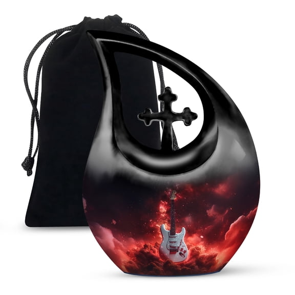 MUKTIVE Electric Guitar Funeral Urn for Mom & Dad - Large Cremation Urns for Men - Memorial Urn for Human Ashes Husband & Wife - Dark-Cosmic Decorative Cross Drop Urns for Male & Female (10 Inch)