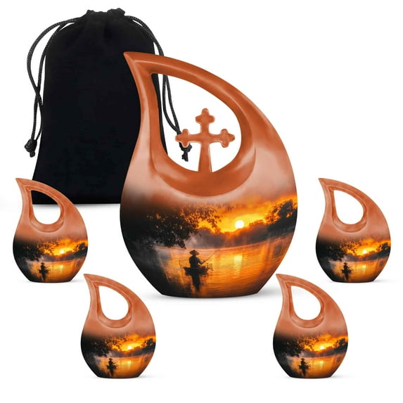 MUKTIVE Fisherman Cremation Urn for Human Ashes, Combo Sets (1 Large 10 ", 4 Keepsake 3 ") Decorative Funeral Urn for Adult Men & Women, Memorial Gift for Burial or Display