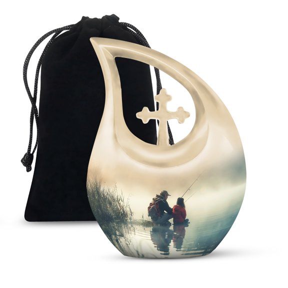 MUKTIVE Fishing Burial Urns for Adult Male - Father and Daughter Funeral Urns for Human Ashes Adult Female - White Cross Drop Cremation Urn - Large Memorial Urn for Ashes for Women - 10 Inch