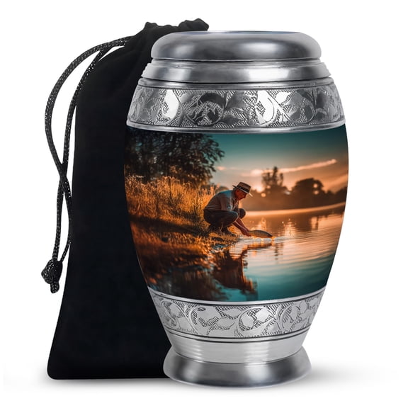 MUKTIVE Fishing Cremation Large Urns for Adult Male Female Ashes - Fisherman Burial Urn for Human Ashes for Female - Cremation Remains Containers - Sympathy Gifts for Loss (10 Inch)