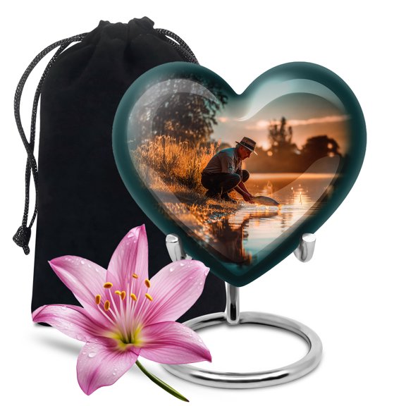 MUKTIVE Fishing Heart Large Cremation Urns for Human Ashes Adult Man - Fisherman Urn for Human Ashes – Adult Male & Female Funeral Memorial - Handcrafted Sympathy Gifts for Loss (8 Inch)