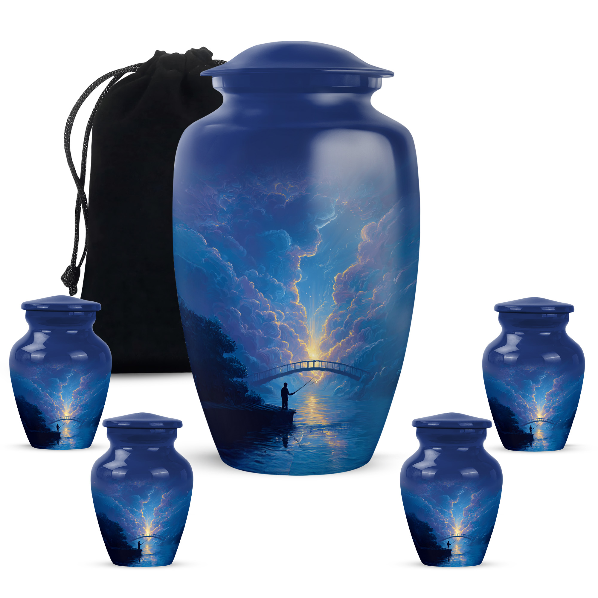 MUKTIVE Fishing Memorial Urns for Human Adult Ashes, Large Blue Burial Urn for Ashes for Women, Bridge Decorative Cremation Funeral Urn, Siblings Mini Urns for Adult Human (1 Large, 4 Keepsake)