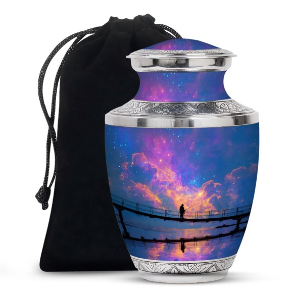 MUKTIVE Fishing Purple Urns for Human Ashes, Memorial Fisherman Urns Large, Starry Galaxy Burial Urn for Couple Ashes for Male, Ash Holders for Mom & Dad, Memorial Gifts for Loss (10 Inch)