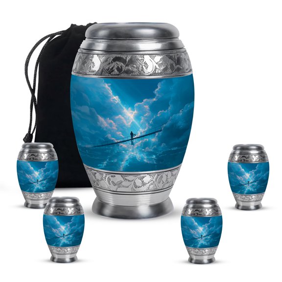 MUKTIVE Fishing Silhouette Keepsake Blue Urns for Adult Ashes Men, Galaxy Evening Small Urn for Men, Handcrafted Unique Ash Holders, Remembrance Gifts for Loss (1 Large & 4 Keepsake)