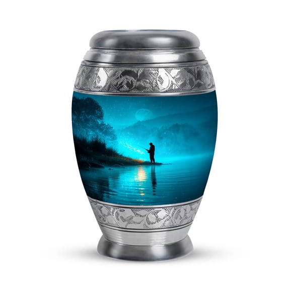MUKTIVE Fishing Silhouette Keepsake Cremation Urns for Adult Ashes Men - Blue, Evening Small Decorative Burial Urn for Human Ashes for Men - Ash Holders - Remembrance Gifts for Loss (3 Inch)