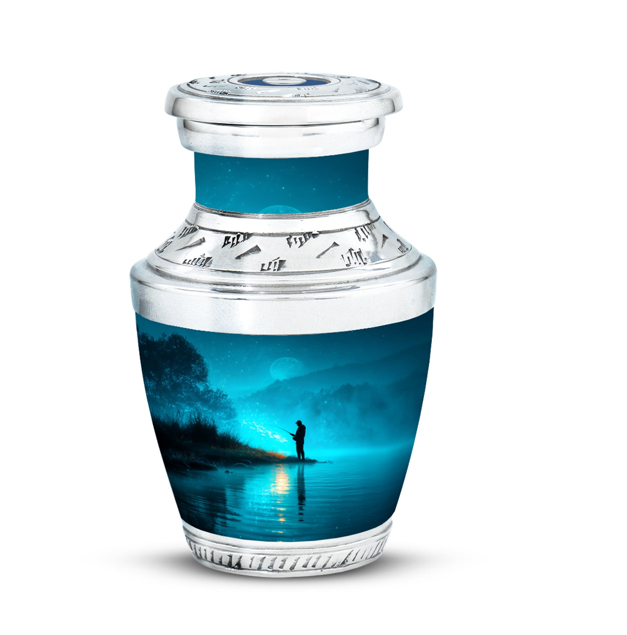 MUKTIVE Fishing Silhouette Keepsake Cremation Urns for Human Ashes - Blue, Evening Small Burial Urn for Adult Human Ashes - Decorative Cremation Containers - Remembrance Gift for Loss of Mom (3 Inch)