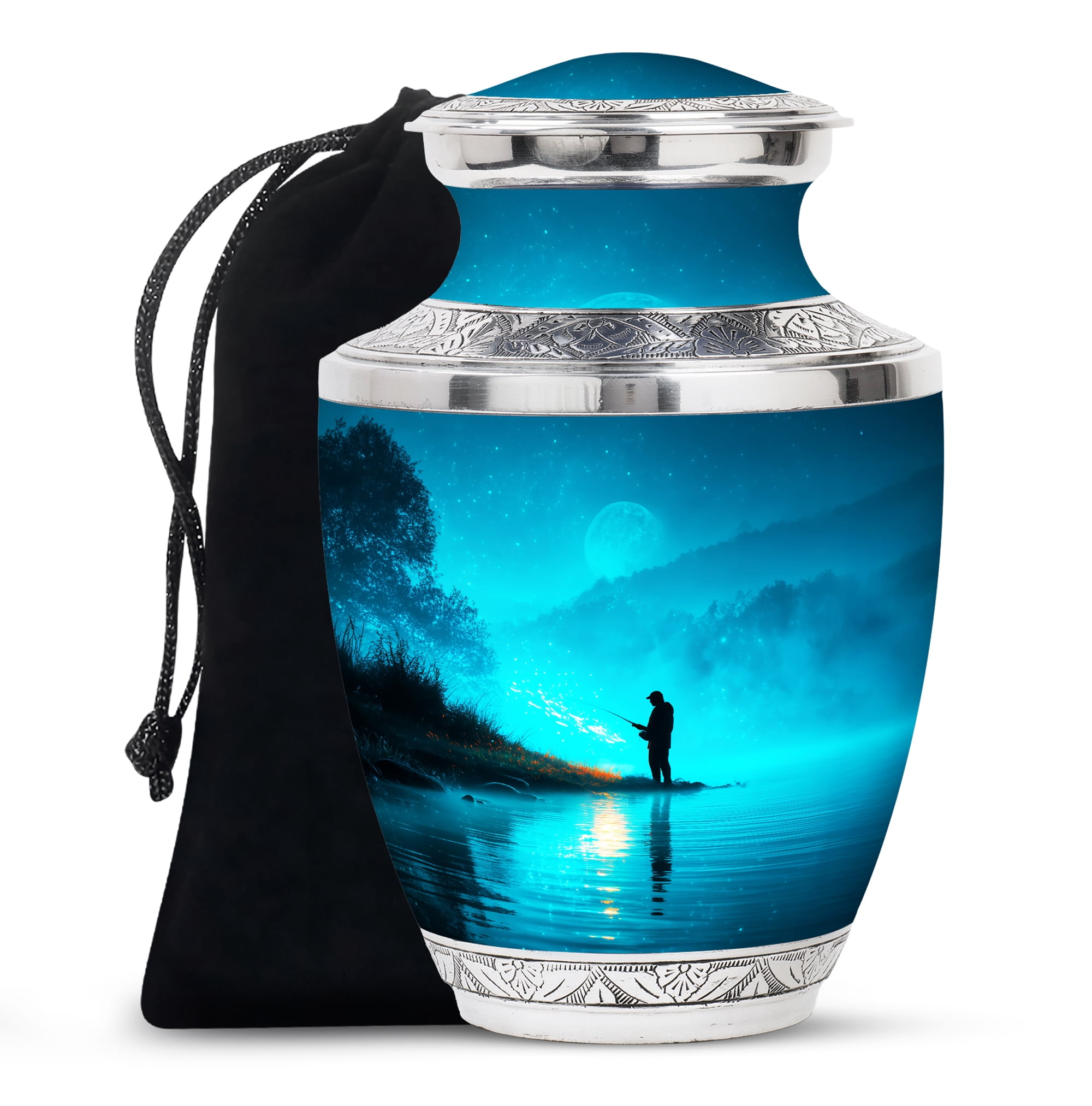 MUKTIVE Fishing Silhouette Large Cremation Urns for Human Ashes - Blue, Evening Burial Urn for Adult Human Ashes - Decorative Cremation Containers - Remembrance Gift for Loss of Mom (10 Inch)