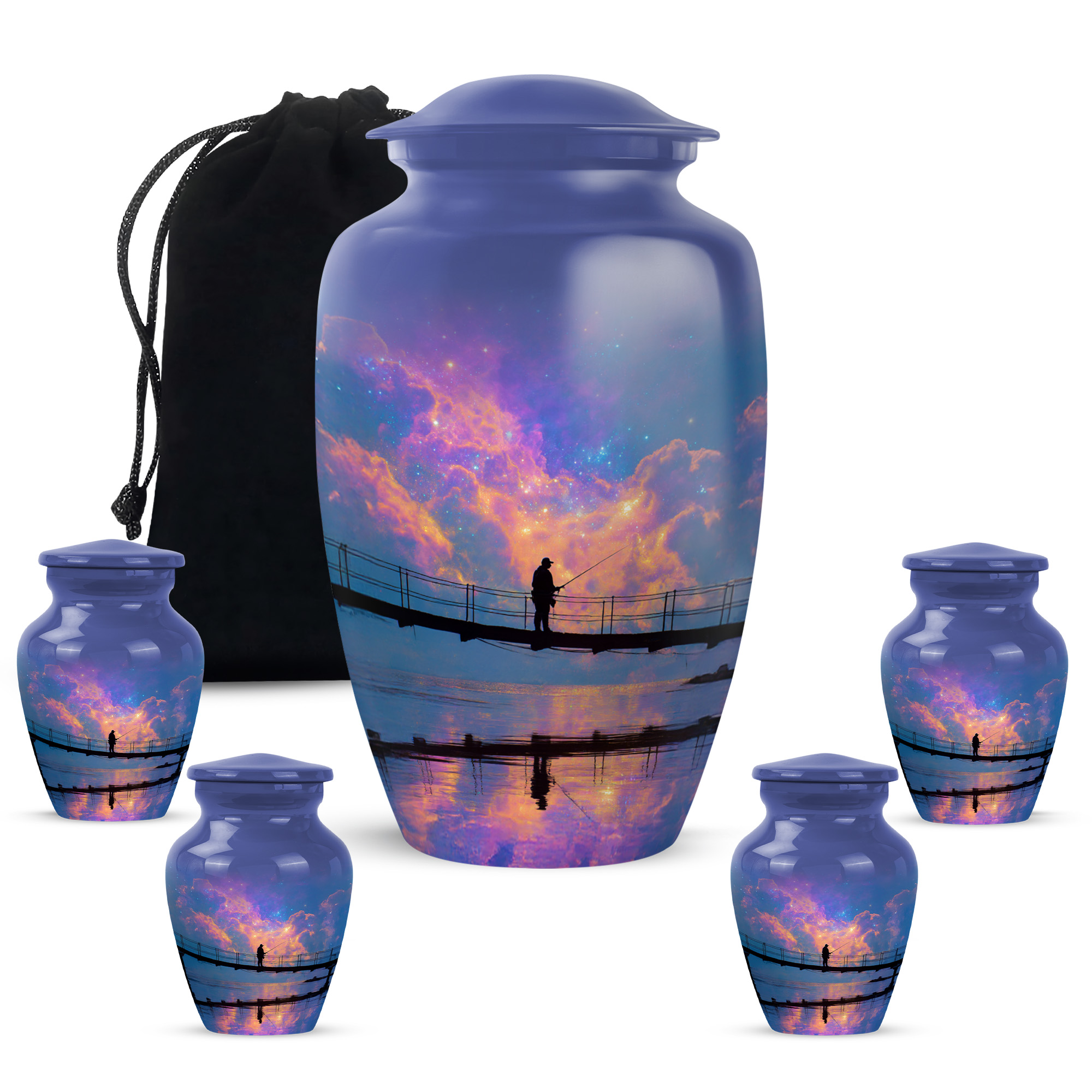 MUKTIVE Fishing Urn Human Ash, Adult Female 10 Inch Large Ash Holder, River Keepsake 3 Inch Cremation Urns for Human Ashes, Purple Funeral Urns for Ashes Adult Male (1 Large, 4 Keepsake)