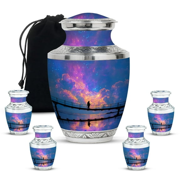 MUKTIVE Fishing Urns for Human Ashes, Large Combo Memorial Urns, Purple Burial Urn for Adult Ashes for Male, Funeral Remains Ash Holders for Mom, Memorial Gifts for Friends (1 Large & 4 Keepsake)