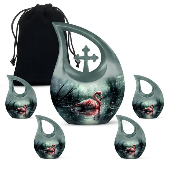 MUKTIVE Flamingo Burial Urns for Adult Male, Green Memorial Urn for Ashes for Women, Cremation Urn for Brother, Funeral Urns for Human Ashes Adult Man & Women, (1 Large 10 ", 4 Keepsake 3 ")