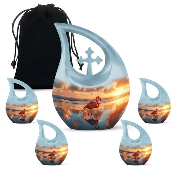 MUKTIVE Flamingo Combo Sets Funeral Urns for Adult Ashes Women, Burial Urns for Human Ashes Adult Male Dad, Unique Cremation Urn for Human Male Dad, (1 Large 10 ", 4 Keepsake 3 ")