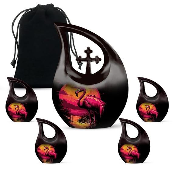 MUKTIVE Flamingo Decorative Mini Urns for Human Ashes Mother & Father, Sunset Keepsake Funeral Tiny Cremated Ashes Holder, Ash Urn for Husband & Wife Holds 3 Cubic(1 Large, 4 Keepsake)