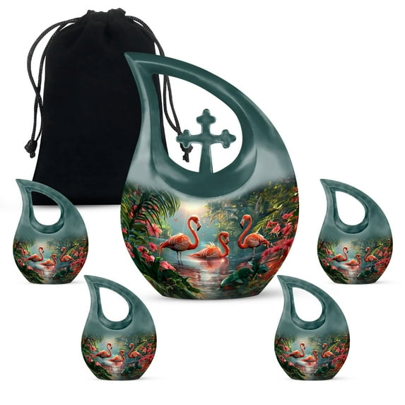 MUKTIVE Flamingo Funeral Combo Sets Urn for Ashes Adult Female, Flowers Cremation Urns for Ashes Adult Female (1 Large 10 ", 4 Keepsake 3 "), Nature Memorial Gifts for Loss of Dad & Mom