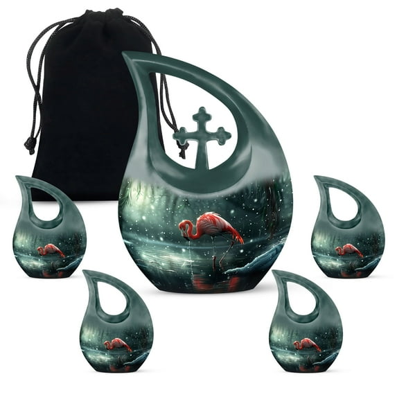 MUKTIVE Flamingo Funeral Urns for Adult Ashes Women (1 Large 10 ", 4 Keepsake 3 "), Burial Urn for Adult Male for Cremation & Memorial, Green Combo Sets Urn for Human Remains