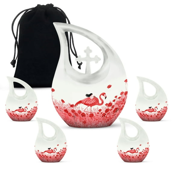 MUKTIVE Flamingo Red Memorial Funeral Urn for Adult Ashes Grandfather, White Cremation Urns for Adult Ashes Dad & Mom, Combo Sets Decorative Urn for Human (1 Large 10 ", 4 Keepsake 3 ")