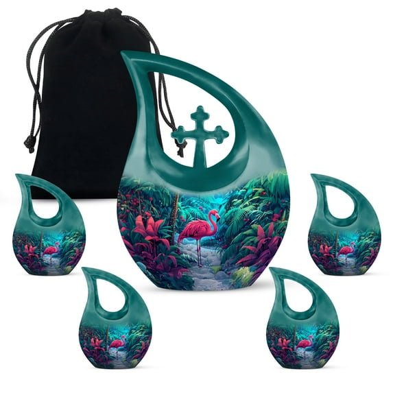 MUKTIVE Flamingo Urn for Ashes Adult Male, Funeral Decorative Urns for Men, Combo Sets Burial Urns for Female, Jungle Cremation Urn for Mom & Dad, Funeral Ash Container (1 Large 10 ", 4 Keepsake 3 ")