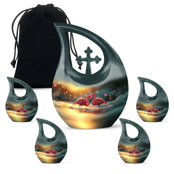 MUKTIVE Flamingo Urns for Human Ashes, Sunset Cremation Urns for Male & Female, Combo Sets Funeral Urn for Women, Adult Decorative Memorial Urn for Men, Funeral for Mom (1 Large 10 ", 4 Keepsake 3 ")