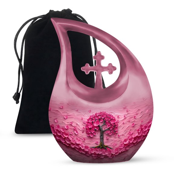 MUKTIVE Flower Tree Large Urn for Funeral Ashes for Women & Men - Pink Cross Drop Decorative Funeral Urns for Human Ashes - Cremains Containers for Mom - Memorial Gifts for Family - 10 Inch