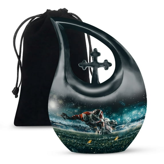 MUKTIVE Football Memorial Urns for Adult Male - Large Black Funeral Urns for Human Ashes Adult Female - Cross Drop Burial Urn for Ashes for Women - Green Cremation Urn for Mom & Dad - 10 Inch