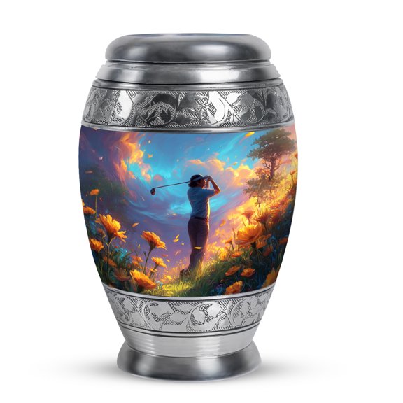 MUKTIVE Golfball Memorial Urn for Human Ashes, Grey Cremation Urn for Adult Ashes Male & Female Burial, Yellow Flowers Decorative Urns for Mother Funeral, 3 inch