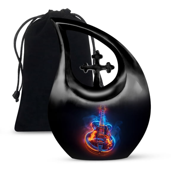 MUKTIVE Guitar Cremation Urns for Adult Ashes Women - Large Black Funeral Urns for Human Ashes Adult Man - Colourful Guitar Cremation Urn for Mom & Dad - Cross Drop Burial Urn - 10 Inch