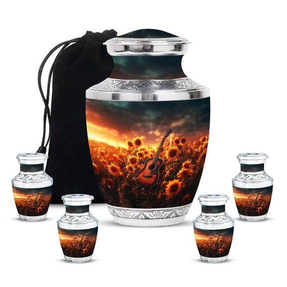 MUKTIVE Guitar Cremation Urns for Ashes Adult Male Large - Sunflowers Burial Urn for Human Ashes - Handmade Remain Holders - Remembrance Gift for Loss of Husband (1 Large & 4 Keepsake)