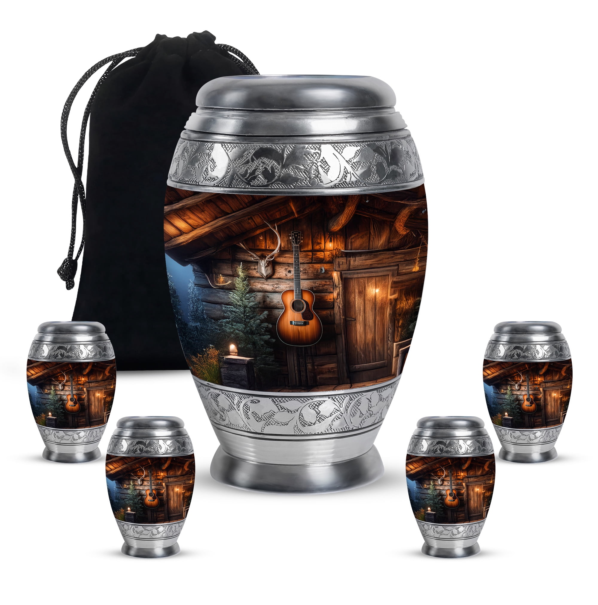 MUKTIVE Guitar Cremation Urns for Human Ashes Adult Male Keepsake - Brown Funeral Urns for Adult Ashes Large Men - Decorative Containers Holder - Remembrance Gifts for Loss (1 Large & 4 Keepsake)