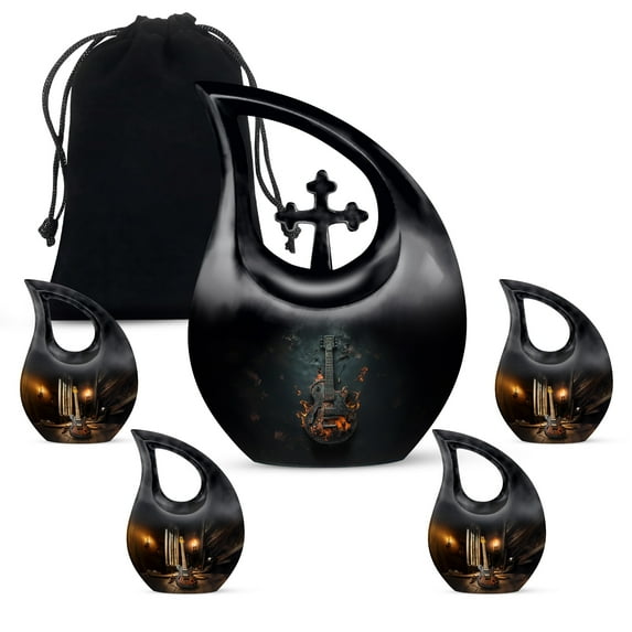 MUKTIVE Guitar Cremation Urns for Human Ashes Adult Man & Female, Brown Burial Urn for Ashes for Male, Combo Sets Memorial (1 Large 10 ", 4 Keepsake 3 ") Funeral Gift for Decorative