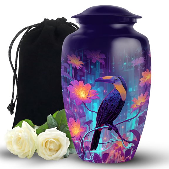 MUKTIVE Hornbill Urns for Cremation Ashes Mother - Memorial Blue Urns for Adult Male - Purple Flower Urn Foe Ashes for Women - 10 Inch Large Urn for Adults