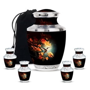 MUKTIVE Humming Bird Cremation Burial Large 10 Inch Urns for Human Ashes Dad - Flower Memorial Funeral Adult Urns for Male & Female - Decorative Combo Black Urn for Adult (1 Large, 4 Keepsake)