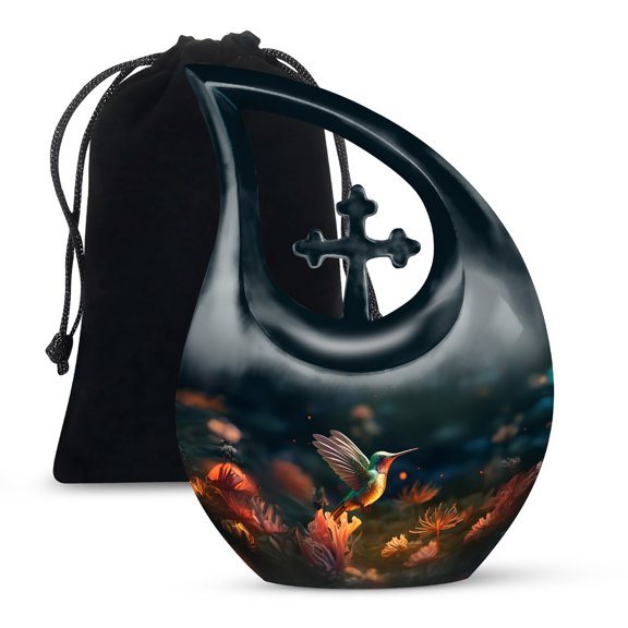 MUKTIVE Humming Bird Large Urn for Ashes for Men - Black Cross Drop Funeral Cremation Urns for Human Ashes - Handcrafted Sympathy Gift for Loss of Family - Burial & Cremains Containers - 10 Inch