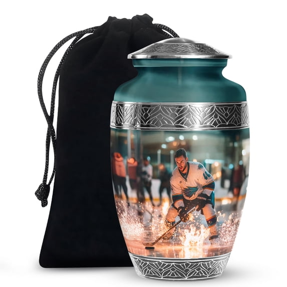 MUKTIVE Ice Hockey Large Cremation Urns for Adult Ashes Men, Green Burial Urns for Adult Ashes, Handmade Cremated Remains Containers, Unique Memorial Gifts for Loss of Dad Funeral, 10 Inch