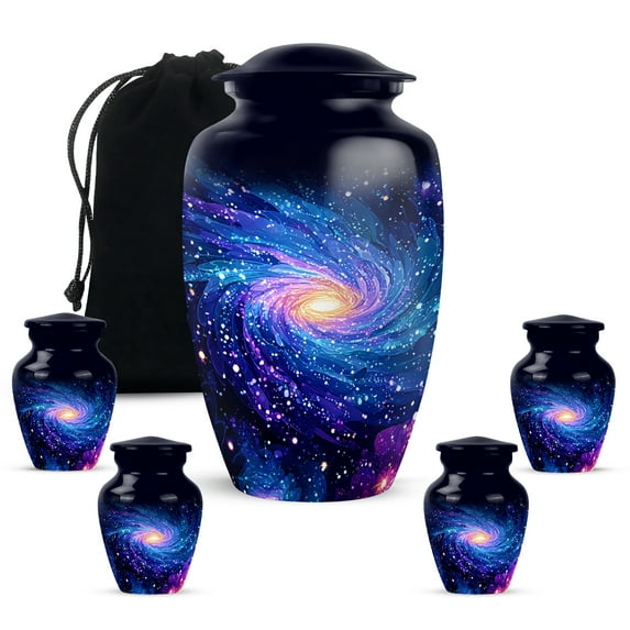 MUKTIVE Majestic Galaxy Adult Urns for Men Ashes, Dad Burial Urns, Large Urn for Parents Funeral, Cremation Blue Urn for Mom 10 inch, Combo Gift, 3 Inch Small Memorial Sets,(1 Large, 4 Keepsake)
