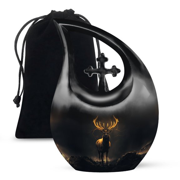 MUKTIVE Majestics Deer Urns for Human Ashes Adult for Burial - Cross Drop Urn for Funeral & Memorial - Black Handmade Adult Urns for Human Ashes - Large Urn for Women & Men - 10 Inch