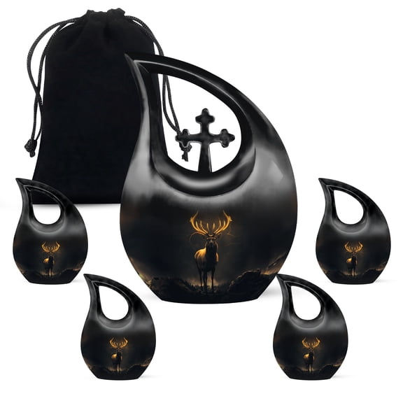 MUKTIVE Majestics Deer Urns for Human Ashes Adult for Burial, Urn for Funeral & Memorial, Black Handmade Adult Urns for Human Ashes, Combo Sets Urn for Women & Men, (1 Large 10 ", 4 Keepsake 3 ")