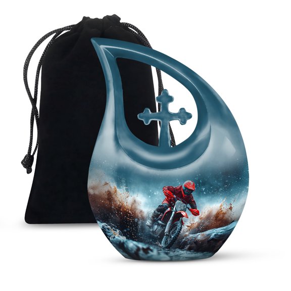 MUKTIVE Motorcycle Riding Large Funeral Urns for Adult Ashes Men - Blue Cross Drop Memorials & Funerary Urns - Decorative Cremains Containers - Home Decorative Cremains Containers (10 Inch)
