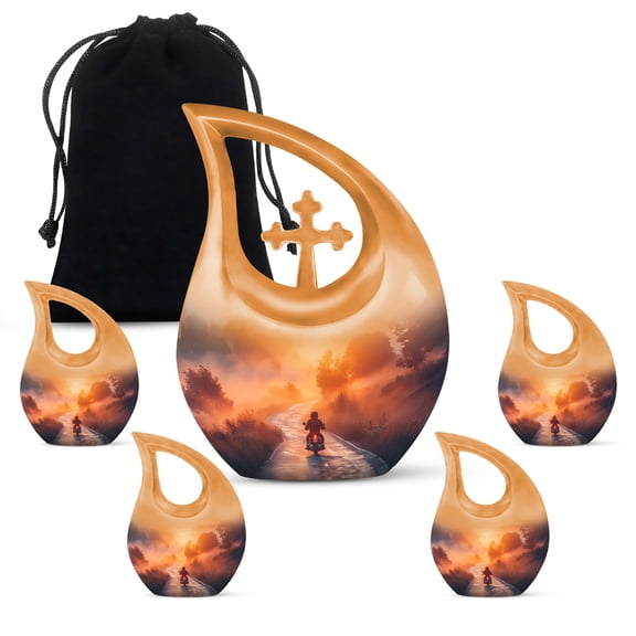MUKTIVE Motorcycle Riding Memorial Burial Urns for Adult Ashes Human Female, Orange Cremation Funeral Urns for Adult Ashes Women, Decoration Combo Sets Urn for Human (1 Large 10 ", 4 Keepsake 3 ")
