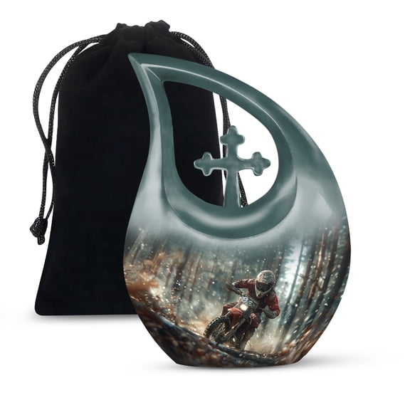 MUKTIVE Motorcycle Urns for Human Ashes Adult Female and Male 10 Inch - Urn for Ashes for Mom and Dad - Handmade Cremation Urns for Funeral - Memorial Large Cross Drop Burial Urn