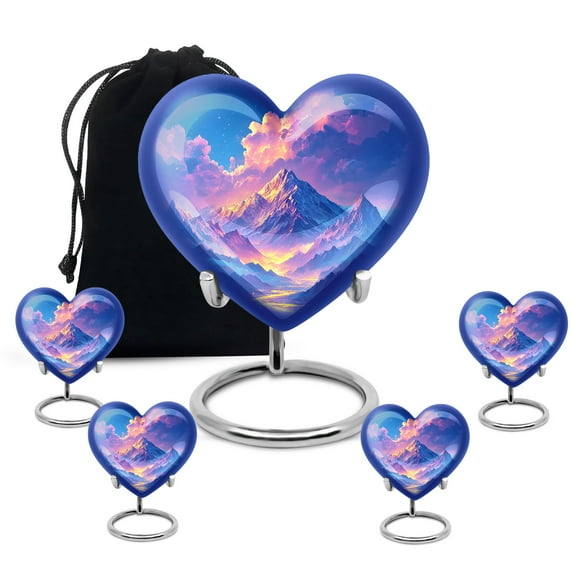 MUKTIVE Mountain Cremation Urn for Human Ashes Adult Male, Large Blue Burial Urns for Ashes Adult Female, Mini Snow Funeral Memorial Gift, River Combo Cremated Urn for Women (1 Large, 4 Keepsake)