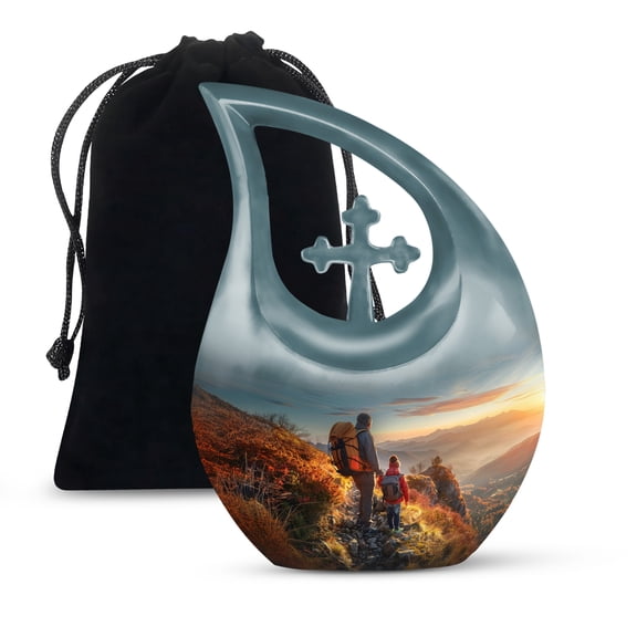 MUKTIVE Mountain Funeral Urn for Ashes for Women - Dad and Son Burial Urns for Human Ashes Adult Man - Large Blue Decorative Cross Drop Cremation Urn - Black Memorial Urns for Human - 10 Inch