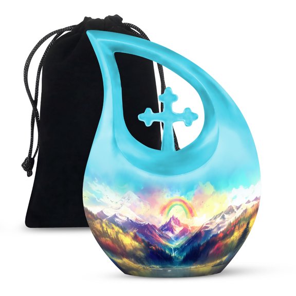 MUKTIVE Nature Cremation Urns for Adult Ashes Women - Large Blue Funeral Urns for Adult Male - Decorative Landscape Burial Urn for Mother - Memorial Urn for Ashes for Women - 10 Inch (Cross Drop)