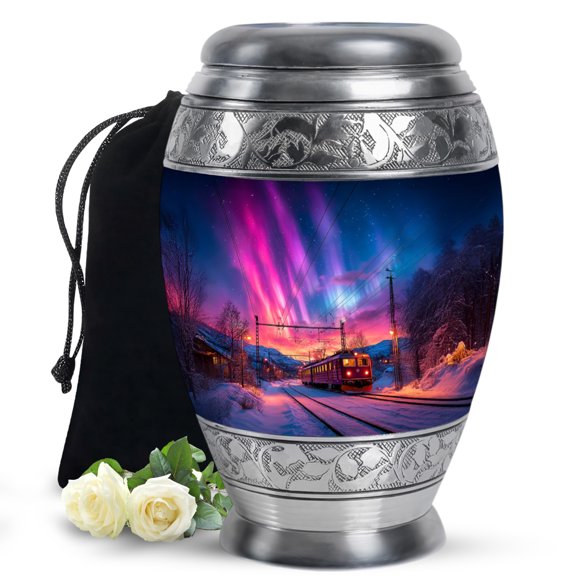 MUKTIVE Northern Lights Human Urns for Ashes - Funeral Urns for Ashes - Train Memorial Urn for Cremated Mother - 10 Inch Decorative Urn for Adult Man