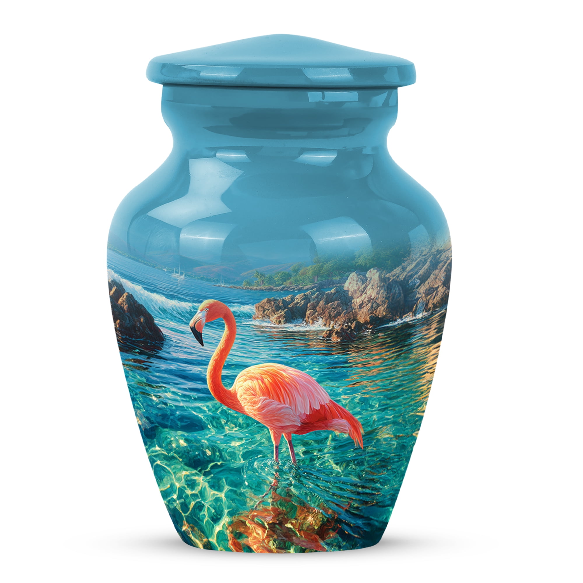 MUKTIVE Orange Flamingo Decorative Urn for Ashes Adult Mother & Father, Keepsake Memorial Urns for Women Ashes, Ocean Blue Urns for Funeral, Cremation Urn for Adult Male (3 Inch)