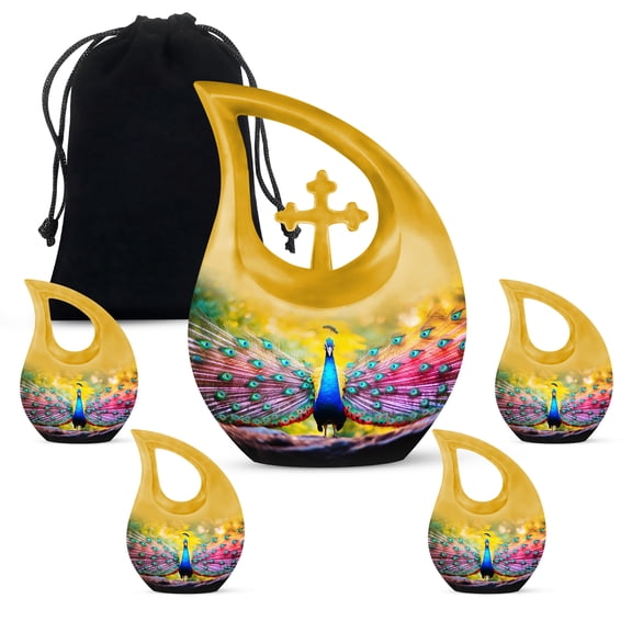 MUKTIVE Peacock Burial Urns for Human Ashes Adult Male & Female, Urns for Decorative, Combo Sets Memorial Urn for Adult Men & Women(1 Large 10 ", 4 Keepsake 3 ")