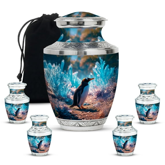MUKTIVE Penguin Burial Urn for Adult Ashes Female, Small Aqua Blue Cremation Urns for Women, Memorial Ashes Holder for Adult Burial, Large Urn for Couple (1 Large, 4 Keepsake)