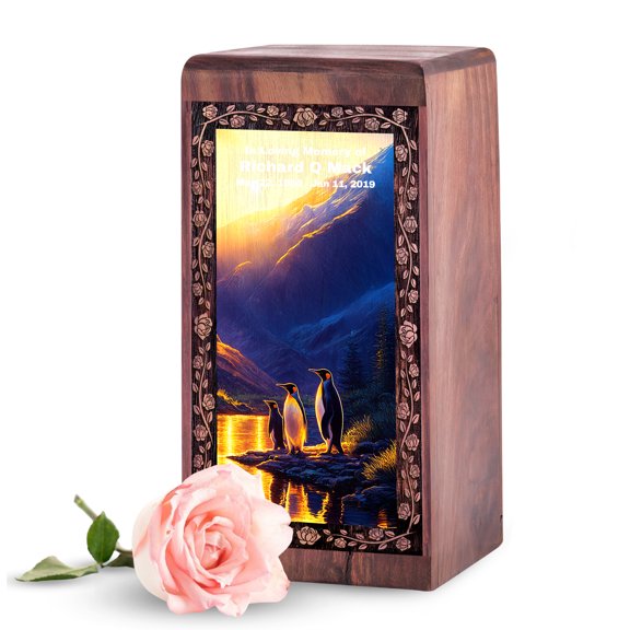MUKTIVE Penguin Small Urns for Human Ashes, Yellow Personal Urns for Human Ashes, Mountain Wooden Keepsake Box Storage 5 Inch, Mom Memorial Urn, Cremation Engraved Adult Urn