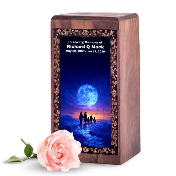MUKTIVE Penguins Cremation Urns for Human Ashes Women, Blue Personalized Wooden Keepsake Box, Moon Small Wood Box 5 Inch, Funeral Urn for Dad Ashes, Memorial Engravable Cremation Urns