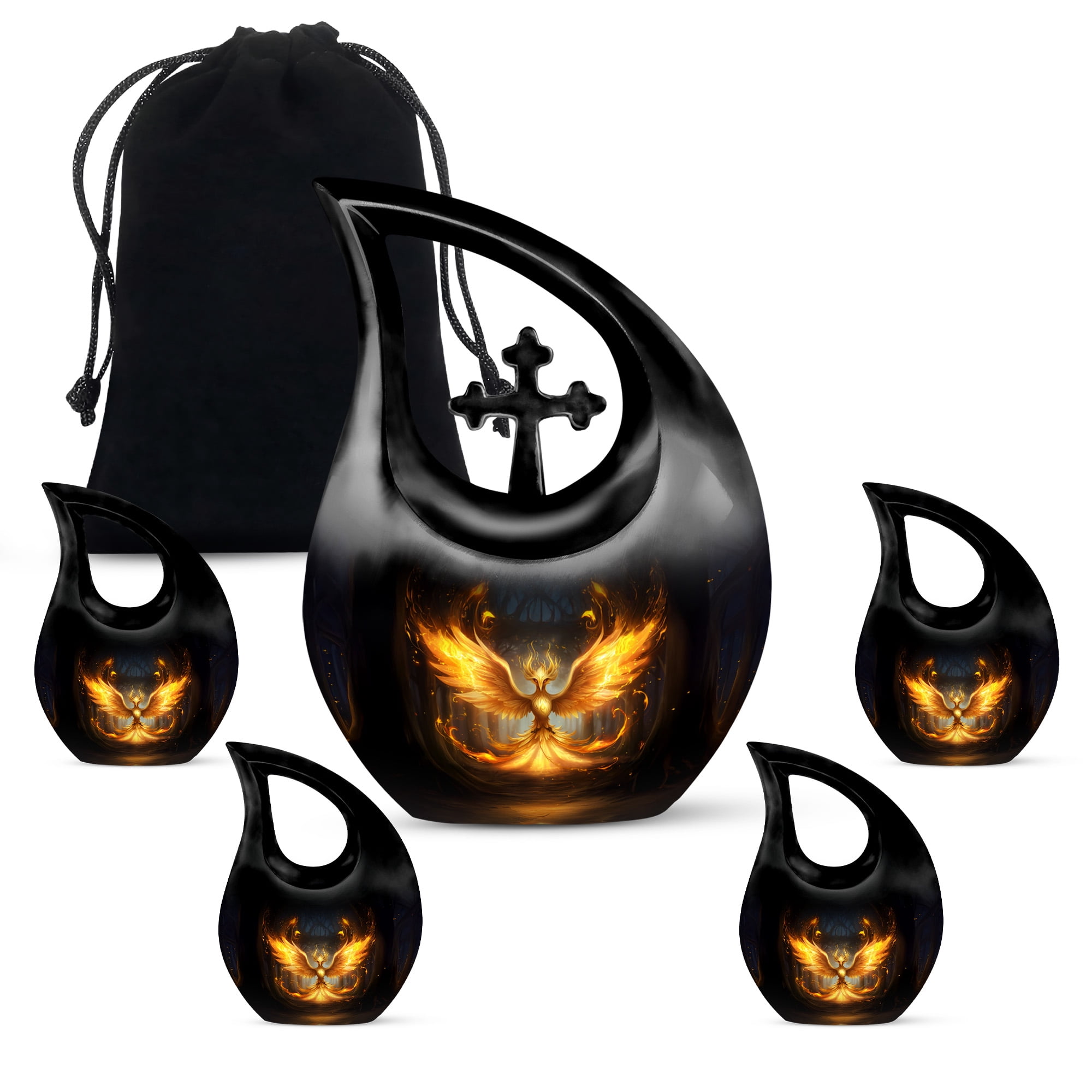 MUKTIVE Phoenix Design Urn for Ashes, Tear Drop Urns for Human Ashes, Cremation Urns for Women, Memorial Black Urn for Teenager (1 Large, 4 Keepsake)